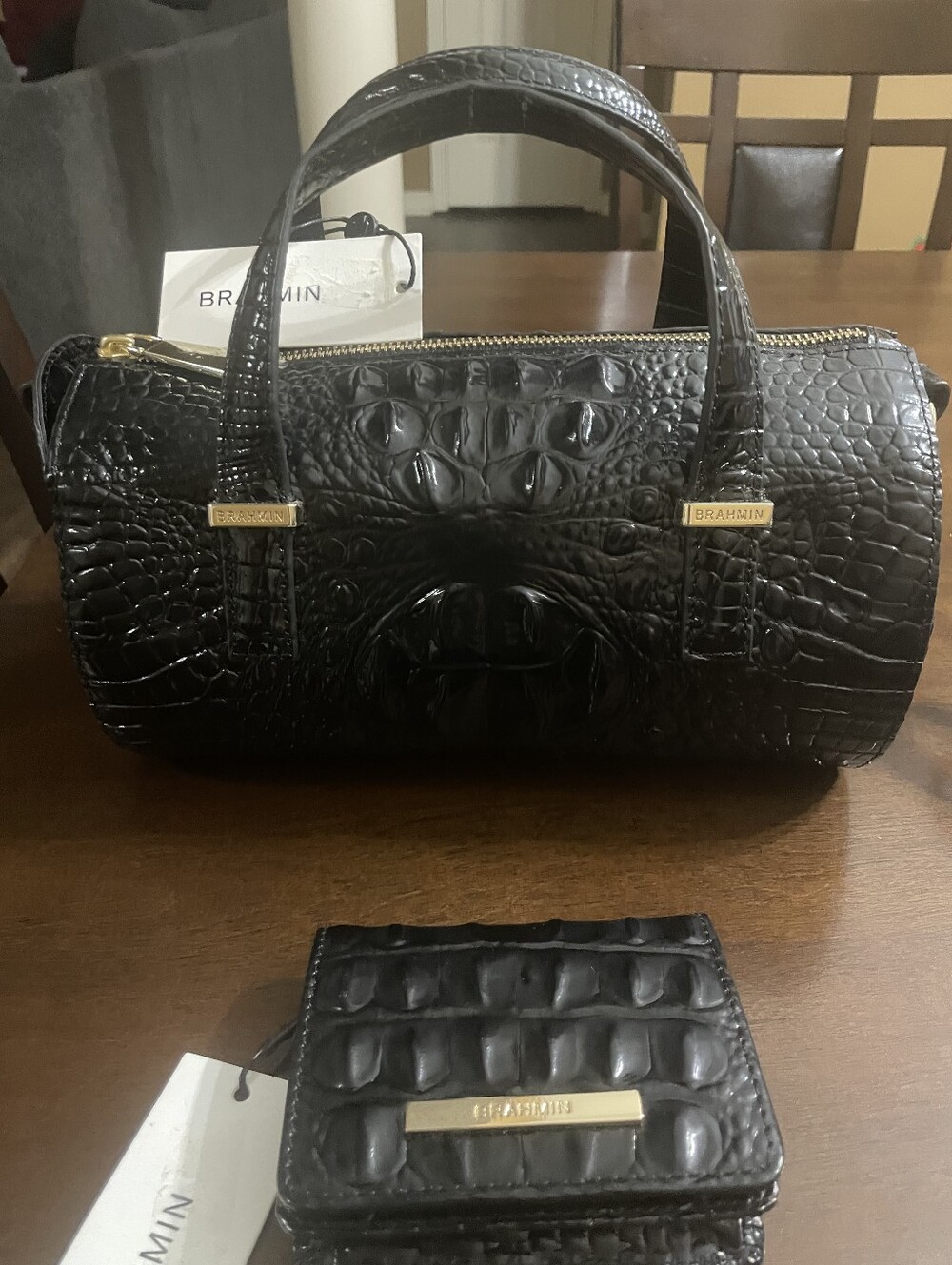 Brahmin Black Croc-Embossed Satchel with Gold Hardware And Wallet
